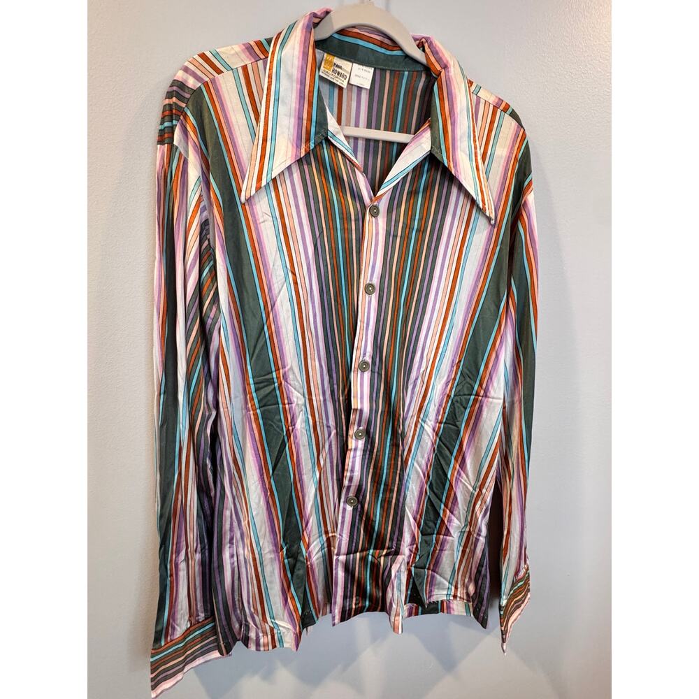 VTG Paul Howard California 70s Disco Era Striped Shirt Button Down Multi-colored